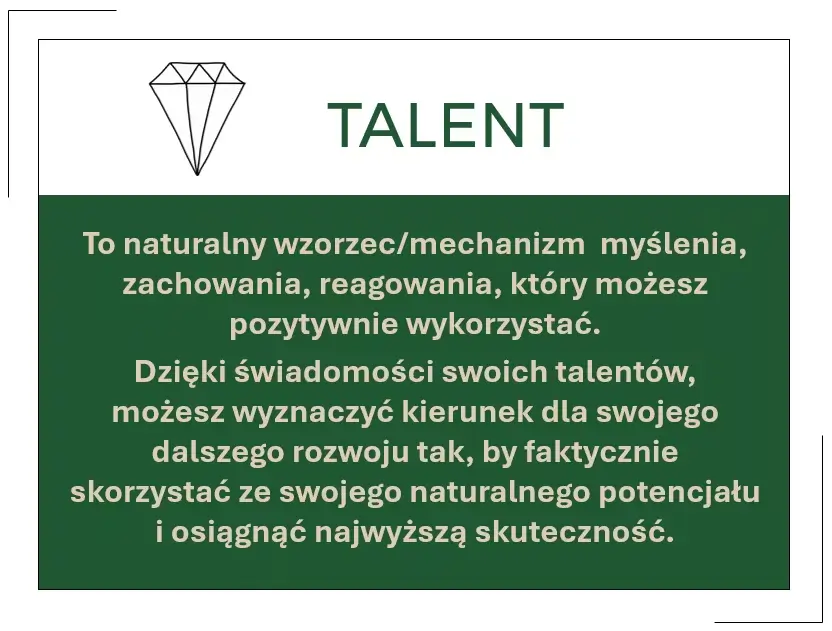 Talenty to naturalne wzorce/mechanizmy myślenia, zachowania, reagowania, które możesz pozytywnie wykorzystać. Dzięki świadomości swoich talentów, możesz wyznaczyć kierunek dla swojego dalszego rozwoju tak, by faktycznie skorzystać ze swojego potencjału i osiągnąć najwyższą skuteczność.