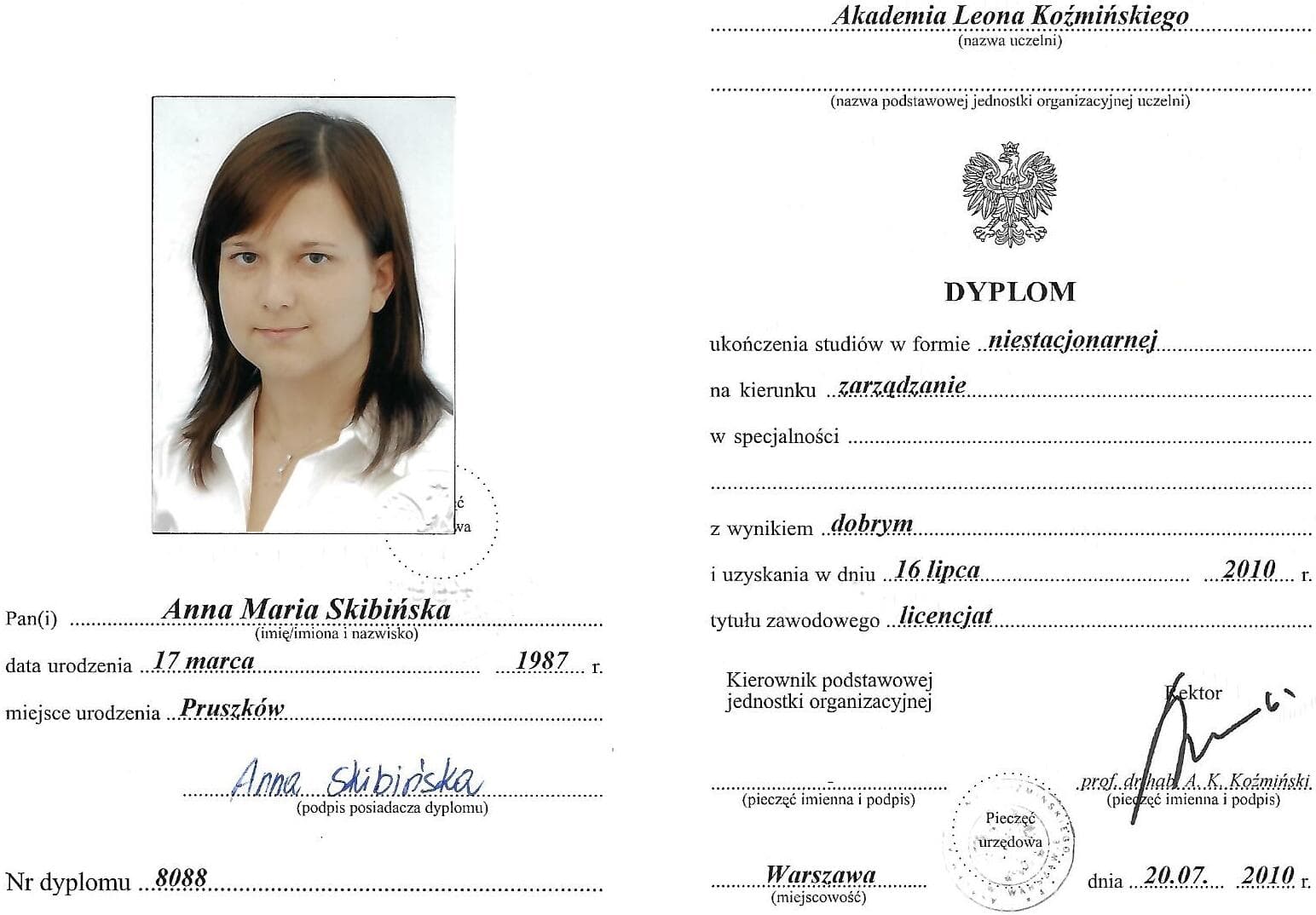Dyplom - licencjat - Akademia Leona Koźmińskiego w Warszawie