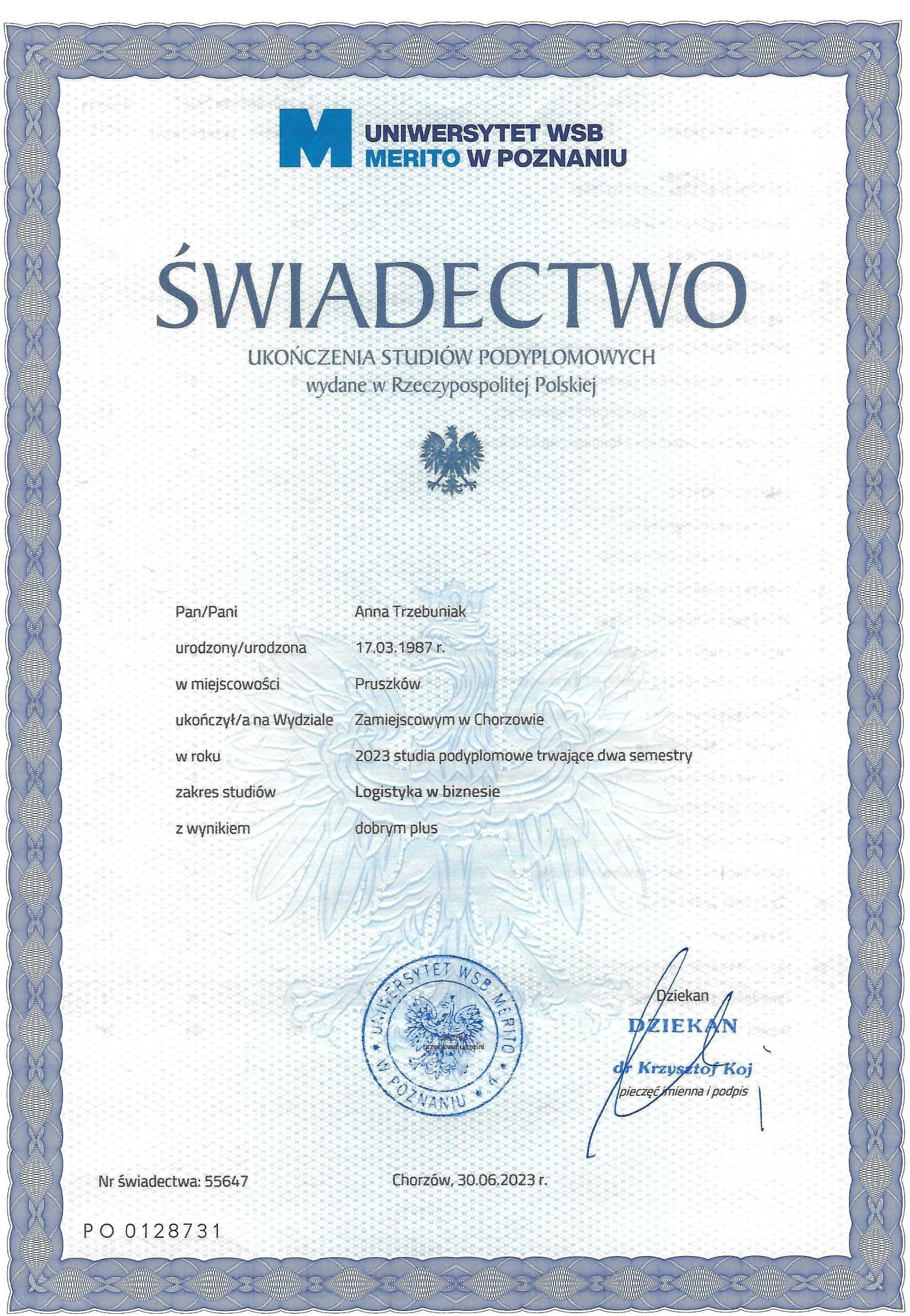 Śwaidectwo - studia podyplomowe w zakresie "Logistyka w biznesie" - Uniwersytet WSB w Poznaniu