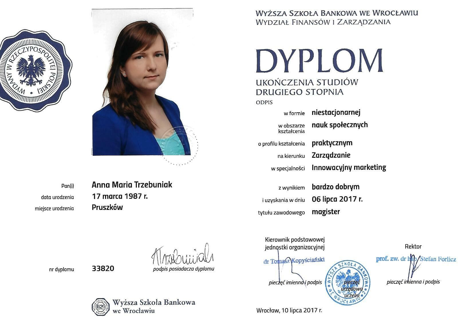 Dyplom - magister - Wyższa Szkoła Bankowa we Wrocławiu