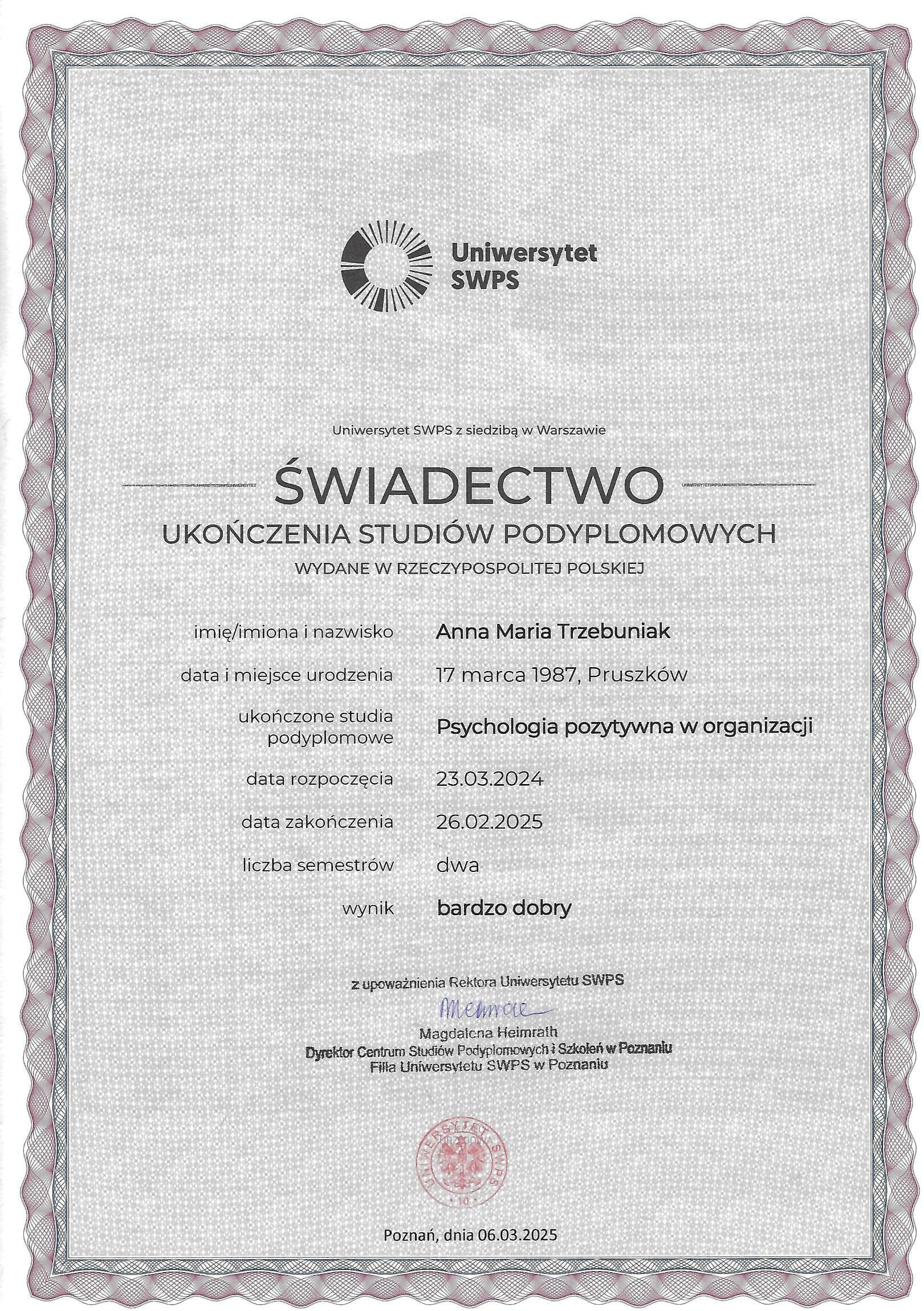 Świadectwo - Studia podyplomowe z zakresu "Psychologia pozytywna w organizacji" - Uniwersytet SWPS w Warszawie