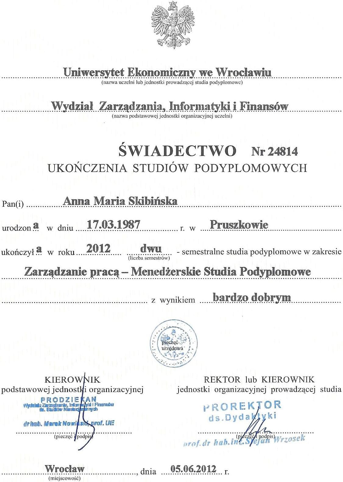 Świadectwo - Studia podyplomowe z zakresu "Zarządzanie pracą" - Uniwersytet Ekonomiczny we Wrocławiu