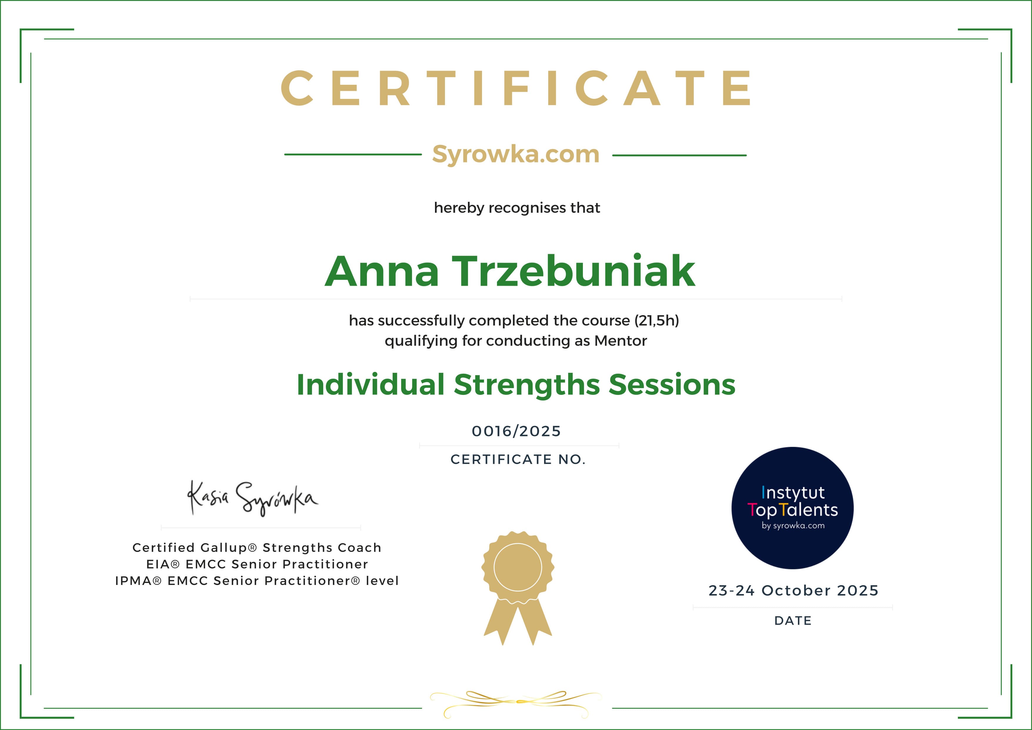 Certyfikat - Gallup Mentor - Individual Strenghts Sessions 
