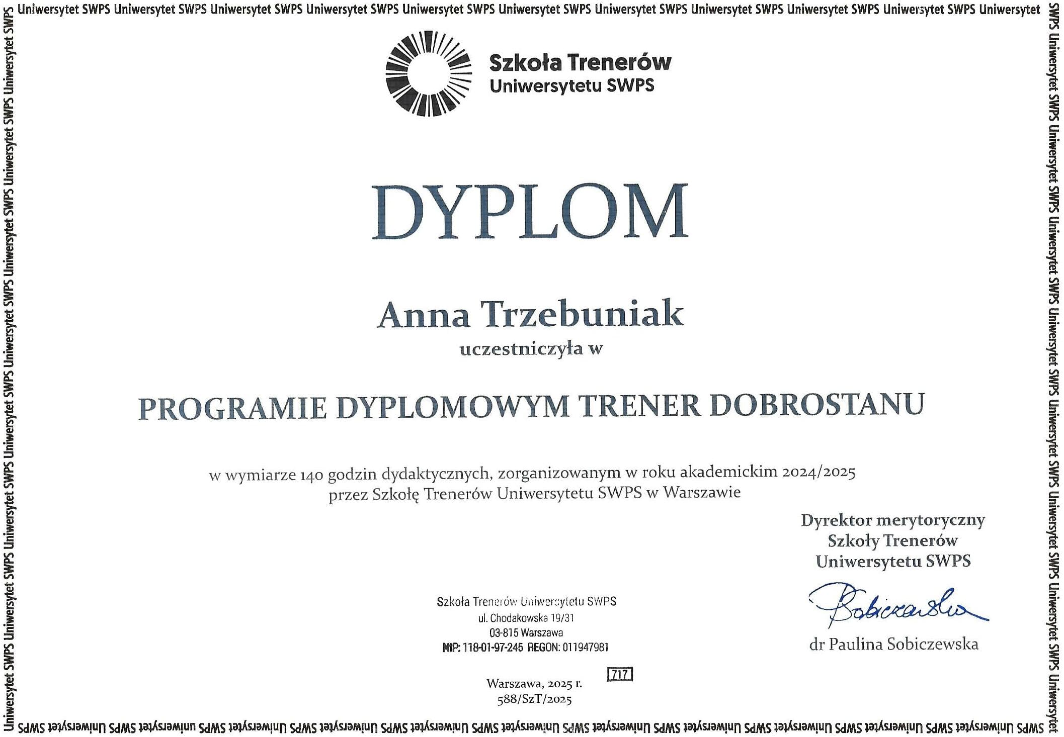Dyplom - Trener dobrostanu - Szkoła Trenerów Uniwersytetu SWPS